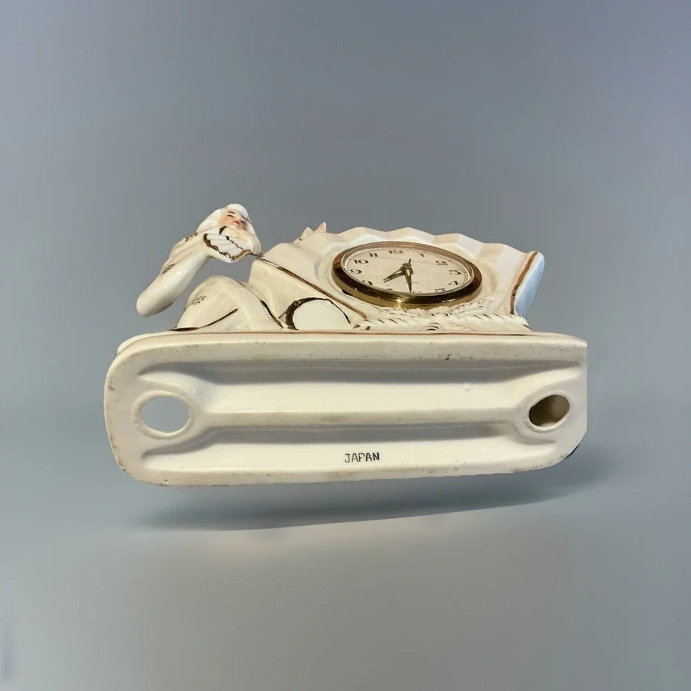 Porcelain Desk Clock Imbedded in Fan with Japanese Geisha Girl Figurine